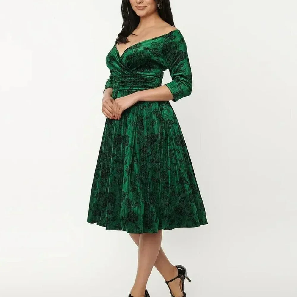 unique vintage green velvet dress Unique Vintage Plus Size Emerald Velvet Shirred Swing Dress